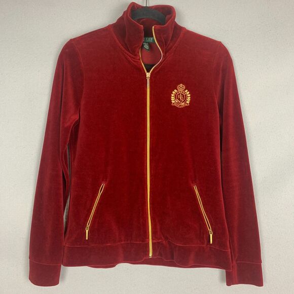 Lauren Ralph Lauren Women’s Medium Velvet Crest Zip Jacket Rich Red Glam Street - Picture 1 of 13
